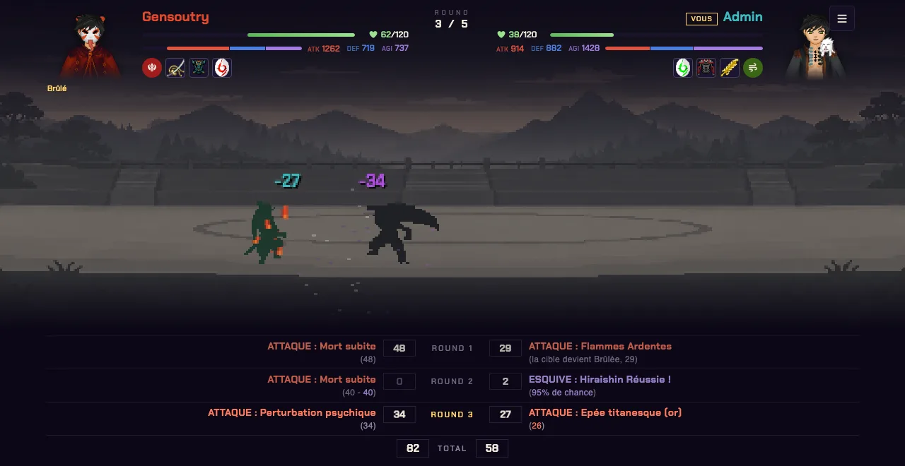 Combat d'Arène : un shinobi affronte le clone de garde d'un autre joueur, round 3 sur 5