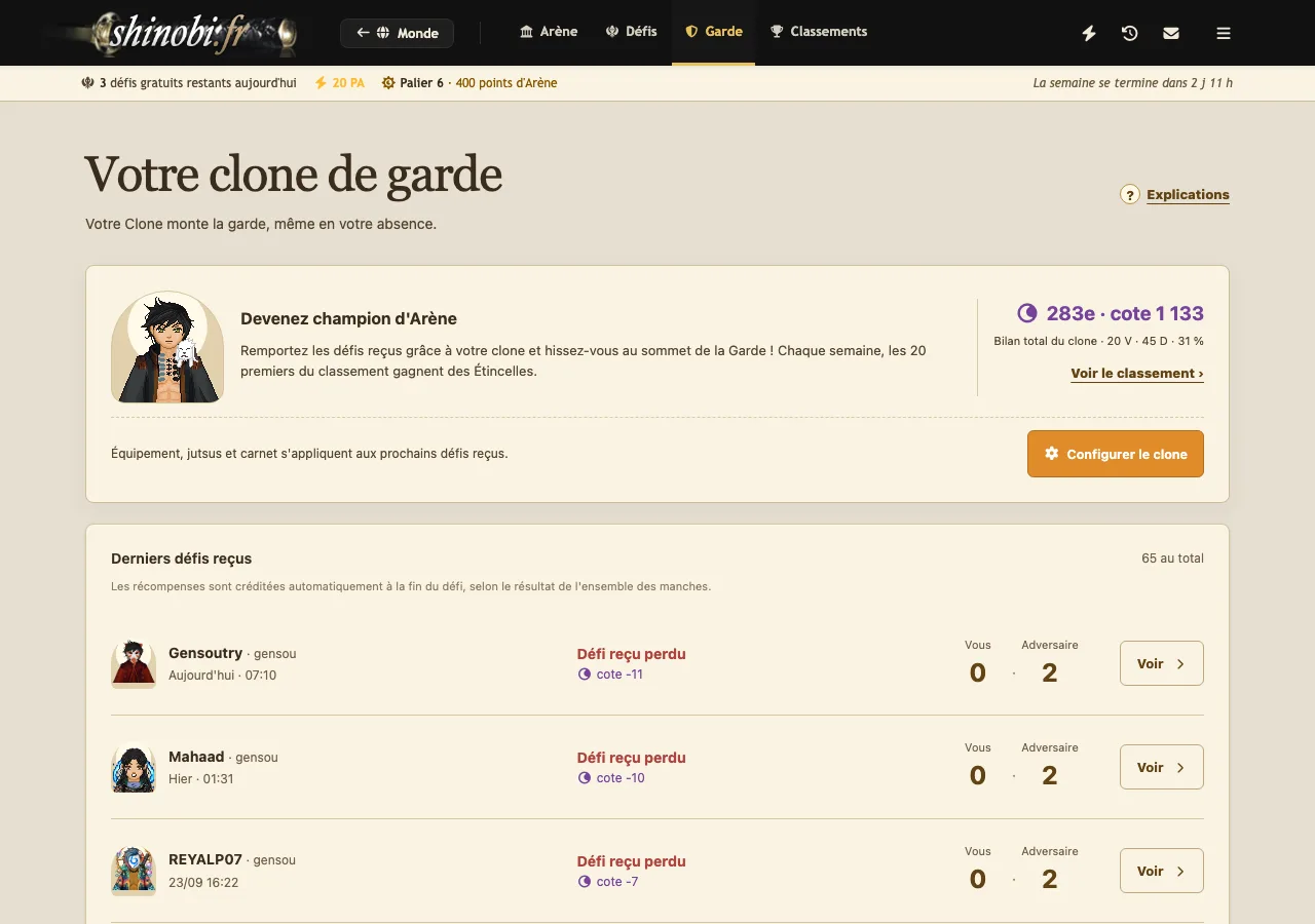 Onglet Garde de l'Arène : rang et cote du clone, bilan et derniers défis reçus